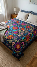 Handmade Uzbek Suzani Bedspread Black Embroidery Boho Wall Hanging Queen King picture