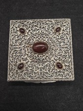 Antique Italian 800 Silver Filigree Powder Compact Square 5 Carnelian Cabochons  picture