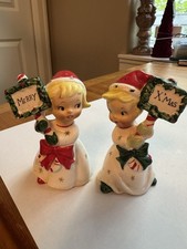 Vintage Napco Ceramic Christmas Boy And Girl Merry Christmas Sign Salt And Peppe picture