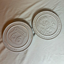 Frankoma 2pc White Round Trivets Route 66 Missouri Bartlett Memorial Center picture