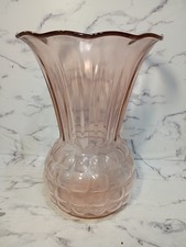 Pink Depression Glass Vase Ruffled Fan Top Pineapple Waffle Base 8