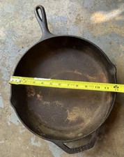 Vtg Lodge No. 8 10SK Cast Iron Skillet 2 Handle 2 Pour Lip 12” AS IS Flat picture