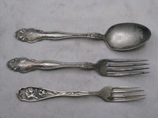 3 ornate antique utensil 2 forks 1 spoon Art Nouveau floral flower Simeon Roger picture