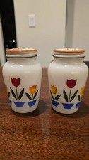 VTG Fire King Anchor Hocking Tulips Salt And Pepper Shakers w/Original lids 50s picture
