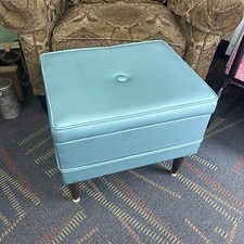 Vtg~MCM Vinyl Teal Sewing Box/Footstool Ottoman w/Wooden Legs~Storage~20x16x18.5 picture