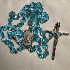 Vintage Italian Rosary Aqua Blue Faceted Beads Silver Tone Crucifix Italy picture