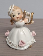 VTG Cute Porcelain Girl Bell with Harp and Spaghetti Trim Figurine Napco Lefton? picture