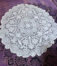Vintage Round Grannycore Ecru Lace Floral Tablecloth 58” Diameter picture