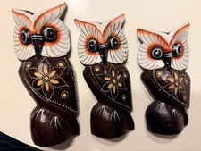 Vintage 70s Owl Set of 3 Hand Carved Hand Painted Owls Folk Art - 3 sizes - cute picture