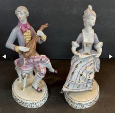 Holloháza Hungary Hand Painted Porcelain Victorian Musician Figurine Pair Lute picture