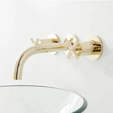 New Polished Brass Exira Wall Mount Bathroom Faucet with Cross Handles - picture