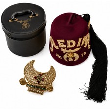 Vintage D Turin Shriners Masonic Jeweled Fez Hat w/ Case & Crescent Pin 7 5/8 picture