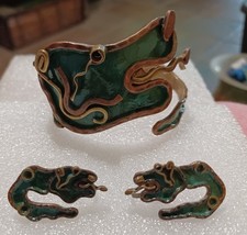 Vintage Aztec Cuff Bracelet ~ Copper ~ Brass ~ Serpent ~ Quetzalcoatl ~ Earrings picture