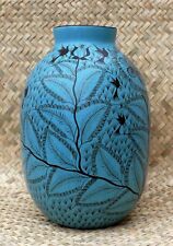 Lg Floral Vase Dark Turquoise & Black Hand Painted Michoacan Mexican Folk Art picture