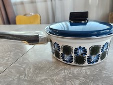 Vintage Austria Email Enamelware Blue Peacock Feather 6 ¼ in, 1 ½ qt sauce w/lid picture