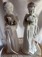 Vintage 1990 Set Of 2 Porcelain Angel Bride Figurine Light Up White Bisque pearl picture