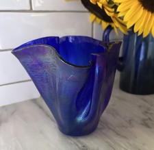 Artisan Iridescent Cobalt Blue Slag Art Glass Handkerchief Folded Vase picture