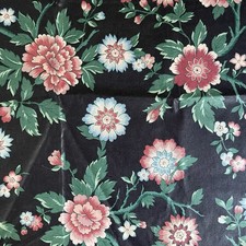 Vintage Duralee Leslie Black Floral Interior Fabric Cotton Pink Green 54 x 66 picture