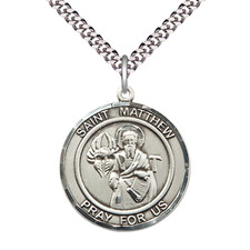 Pewter Saint Matthew the Apostle RoundMedal Pendant Necklace 24