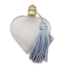 Vintage Frosted Glass Heart Perfume Bottle Blue Tassel Rhinestone Empty Mini picture