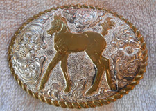 Crumrine Horse / Pony Belt Buckle Heavy Silver Plate on Jewelers Brass picture