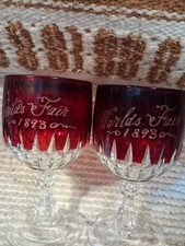 1893 World's Fair Chicago. Two Goblets. Ruby Red Flash Etched Lettering. picture