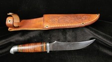 Vintage Robeson 8 USA Fixed Blade Hunting Knife Stacked Leather Tooled Sheath picture