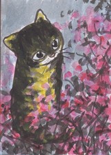 LinLi888 Lin Li's Art ACEO Original Mixed Media Painting Cat n Flowers 26091602 picture
