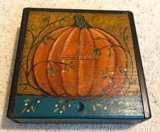 Vintage Hand Painted Wood Keepsake Box w/Slide Top: Fall, Pumpkin Folk Art Decor picture