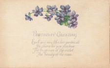 ANTIQUE HAPPY BIRTHDAY GREETING POSTCARD VIOLET FLOWERS & POEM 1930s picture