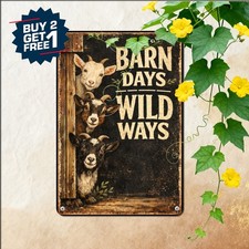 Four Farmhouse Goats Rustic Scene Sign Country Barnyard Metal Tin Plaque 8x12 picture