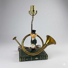 Vintage Equestrian Snooty Fox Table Lamp Brass Hunting Horn Regency Hunt Decor picture