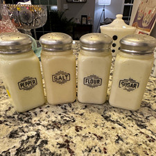 Vintage White Glass Flour Sugar Salt & Pepper Shaker Set of 4 w/ Metal Lids picture