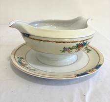 Vintage Meito China Warren Gravy Boat with Attached Underplate, Blue and Gold picture