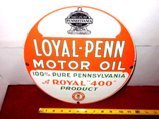 VINTAGE  11  3/4 in LOYAL-PENN MOTOR OIL ADV SIGN HEAVY METAL PORCELAIN  # 909C picture