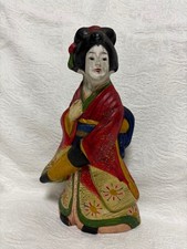 Japanese Clay Folk Art Woman Doll Red Kimono Umbrella 24.5cm Collectible 15+ picture