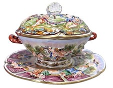 Antique Capodimonte Style Porcelain Lidded Tureen & Underplate Set Relief Gilt picture
