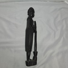 Vintage African Carving Wood Woman Figurine Holding Broom 13