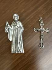 Vtg Pewter Saint Joseph Figurine And Vtg Small Cross Pendant-Peltro & Rome Italy picture