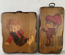Vintage 1970s Decoupage Wood Wall Hanging Young Boys Lot Of 2 MCM picture