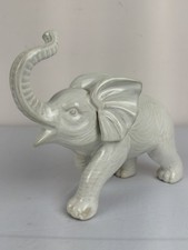Vintage White Glazed Ceramic Elephant Figurine Trunk Up Large Ears picture