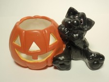 Vtg Russ & Berrie Li’l Treaters Votive Candle Holder Halloween Black Cat Pumpkin picture