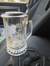 Vintage Alwe Glass Beer Stein Made In Germany Etched Ducks Pheasants Pewter Lid picture