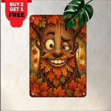 Autumn Tree Face With Expression Fallen Leaves Decor Retro Metal Tin Sign 8x12 picture