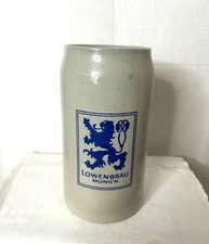 Vintage Löwenbräu Munich Stoneware Beer Stein, Gray with Blue Lion Logo, German picture
