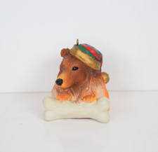 Vintage Ganz Collie Christmas Ornament with Santa Hat and Bone picture