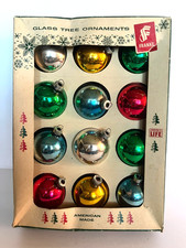 Vintage box of 12 Franke glass round Christmas ornaments assorted solids picture