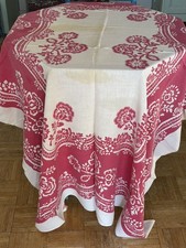 VNTG Red Floral Screen Print Tablecloth & 4 Napkins MCM 1950s 50