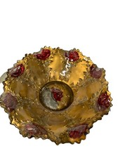 Antique Goofus Glass Bowl-Gold with Red Roses/Scalloped Sawtooth Edges 9” picture