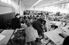 Young university students discussing a student assembly faculty of- Old Photo picture
